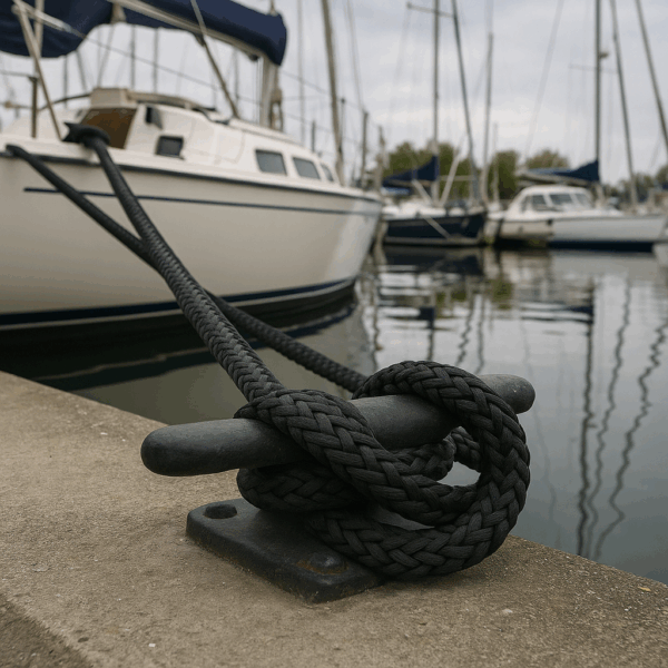 Black 12-strand HMPE rope tied around a stainless cleat on a boat in a marina.