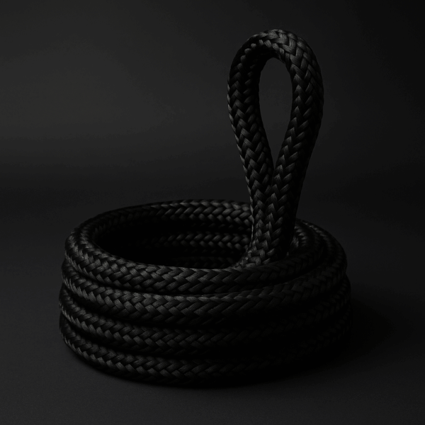 Coiled black 12-strand HMPE marine rope on a dark background.