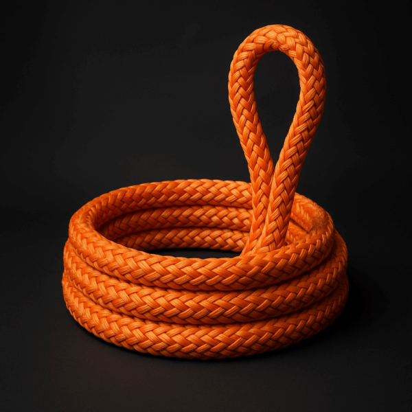Coiled orange 12-strand polyamide mooring rope (MARVELA PA Moor 12) on a dark studio background.