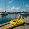Yellow 12-strand polyester sinking mooring rope used on a marina dock with boats and seagulls in the background.