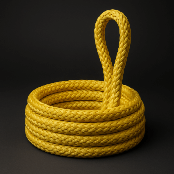 Coiled yellow 12-strand Marvela PES Sink 12 polyester sinking rope on a dark studio background.