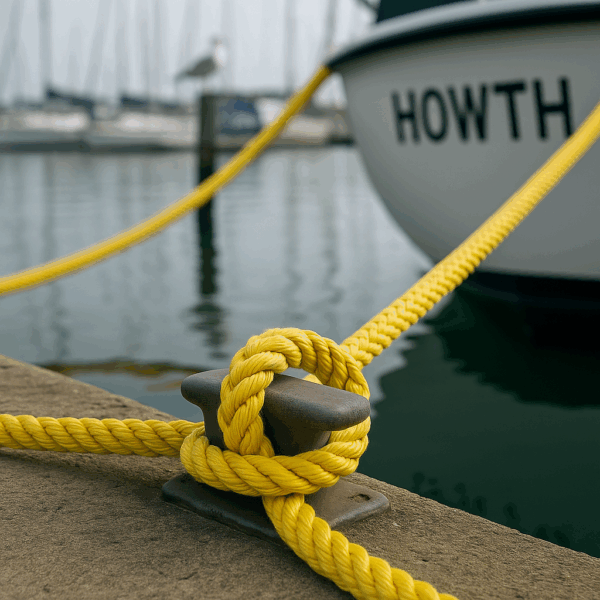 MARVELA PP Float 12 yellow 12-strand polypropylene rope securing a boat at a marina cleat, shown in real in-use mooring conditions.