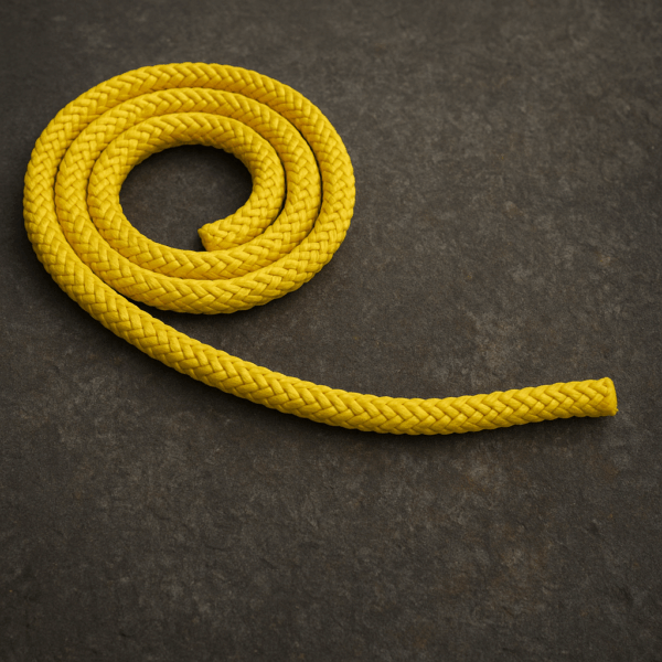 Sample length of MARVELA PP Float 12 yellow 12-strand polypropylene floating rope displayed on a clean surface.
