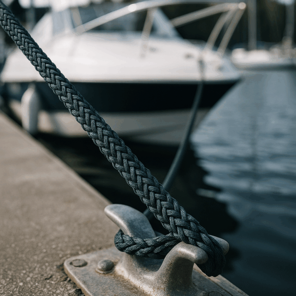 8-strand NAVIRA PA Moor 8 rope tied around a marina cleat, securing a vessel.