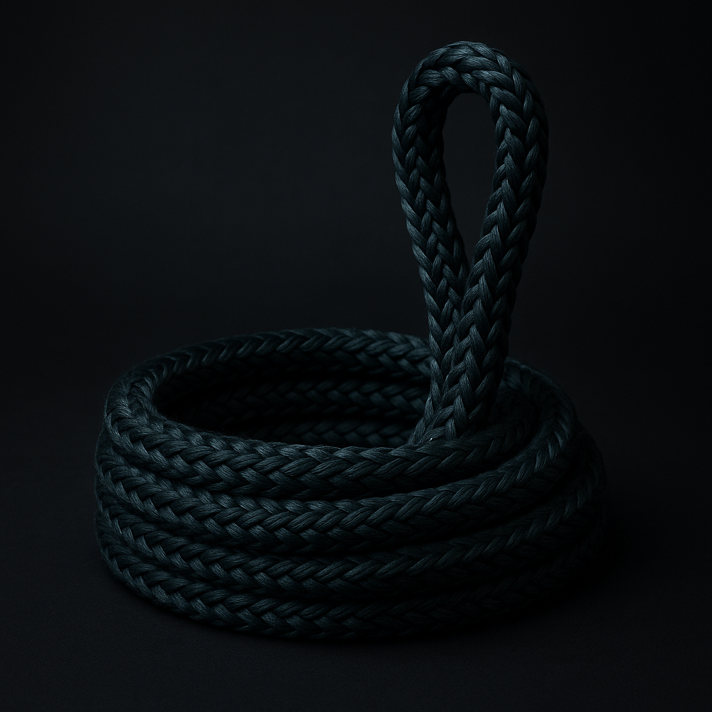 Coiled dark green 8-strand polyamide mooring rope.