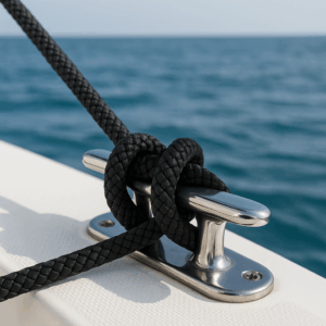 Black PA Moor double braid rope tied securely on a stainless steel cleat on a boat deck.