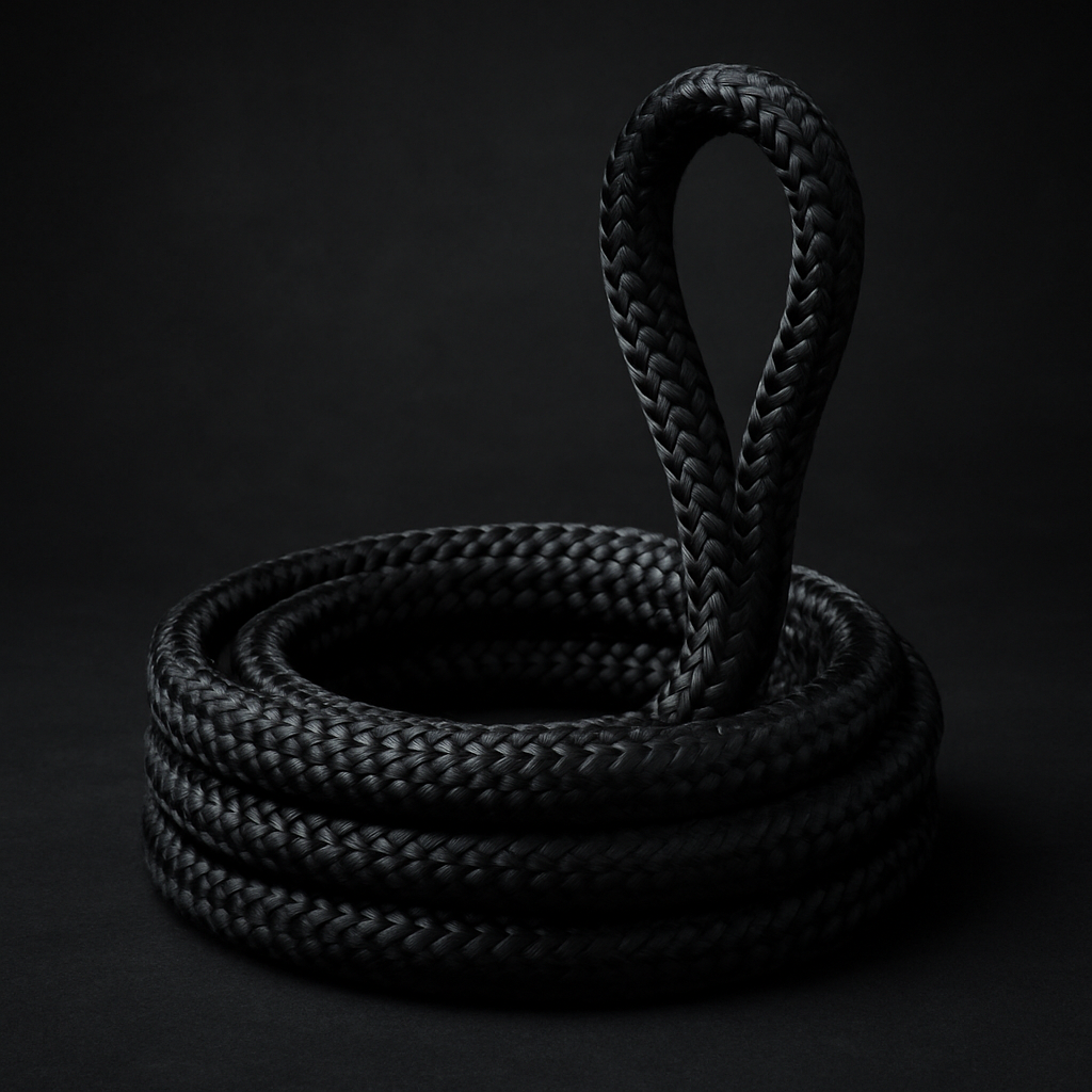 Coiled black PA Pro Moor double braid polyamide mooring rope on a dark textured background.
