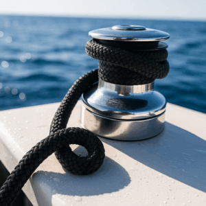 Black PES Pro Moor double braid rope tightly wrapped around a stainless steel winch on a sailboat.