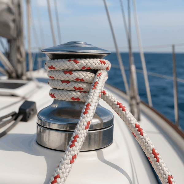 Braided white and red polyester rope (ROPIRA PES Sail) wrapped around a stainless steel winch on a sailboat deck, with the ocean and mast lines in the background.
