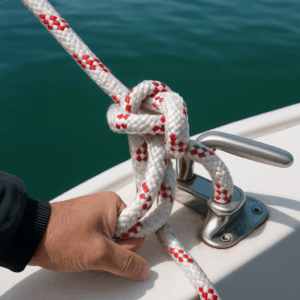 White double braid PES Sink Moor rope secured on a stainless steel cleat on a sailboat deck.