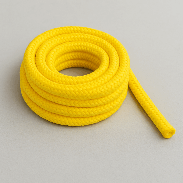 ROPIRA PP Float Moor – Floating Polypropylene Rope Coiled yellow PP Float Moor double braid polypropylene rope on a neutral background.