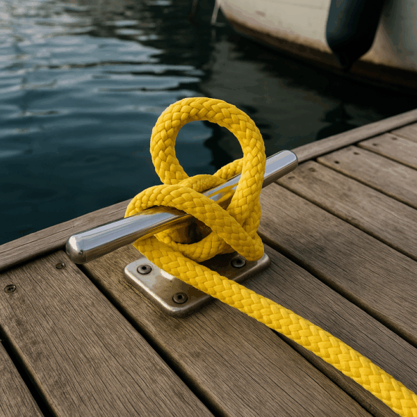 Yellow PP Pro Moor double braid floating rope tied to a galvanized cleat on a wooden dock with boats in the background.