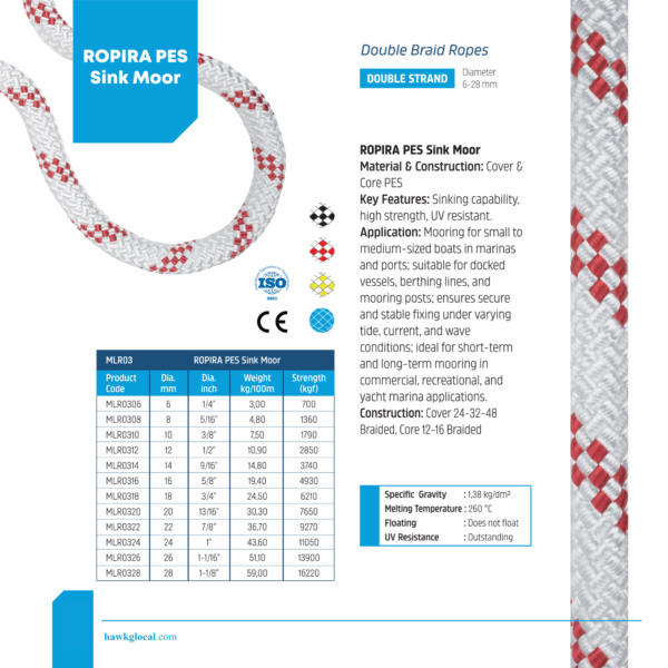 ROPIRA PES Sink Moor double braid rope specification sheet showing material, sinking capability, diameter table and strength ratings.