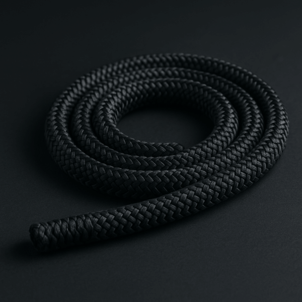 rOPIRA PES Pro Moor – Heavy-Duty Polyester Rope Coiled black PES Pro Moor double braid polyester mooring rope on a dark background with detailed braided texture.