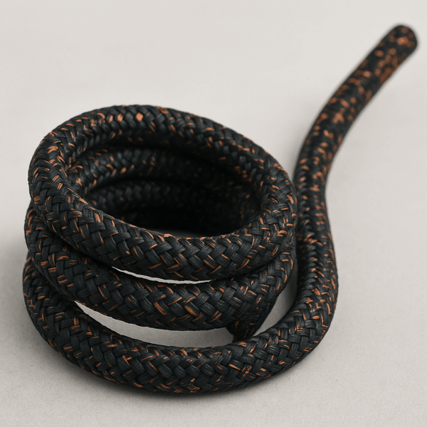 ropira-hmpe-sail-product-image.jpg Coiled black-and-orange HMPE double braid sailing rope displayed on a neutral background.