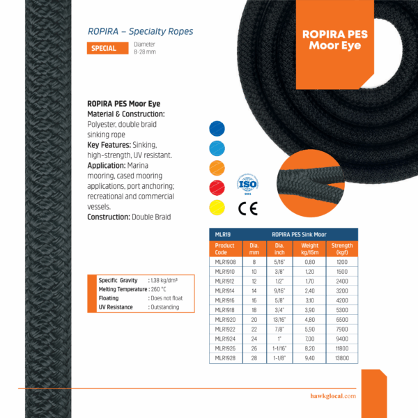 ROPIRA PES Moor Eye product specification sheet featuring double-braid polyester sinking rope details and technical measurements.