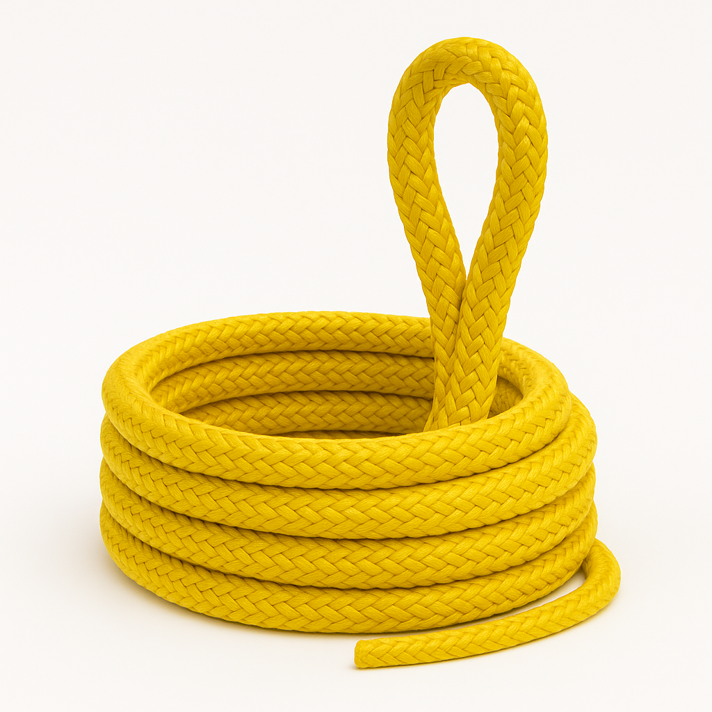"Yellow double-braid floating polypropylene mooring rope attached to a boat cleat at the marina."