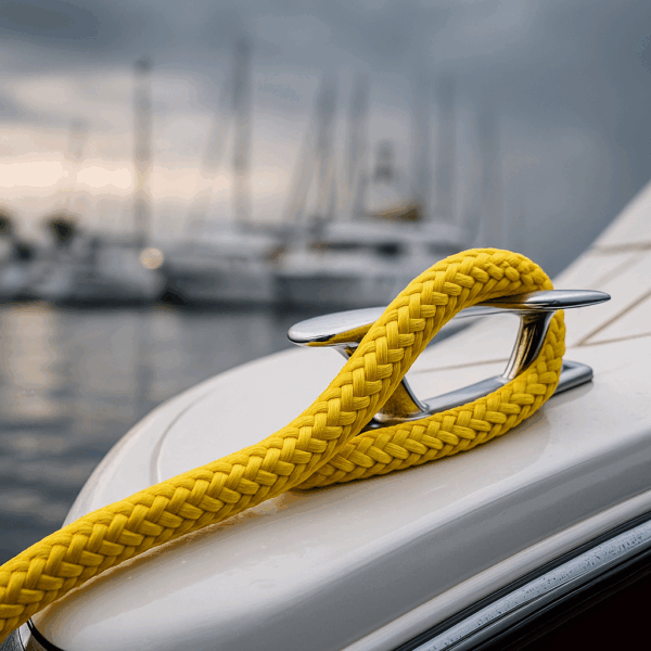 "Yellow double-braid floating polypropylene mooring rope attached to a boat cleat at the marina."
