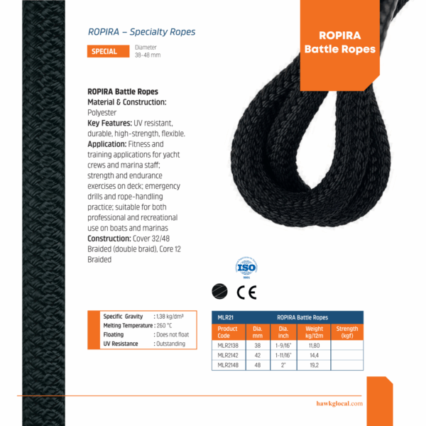 “Black double-braid polyester battle rope designed for marine and fitness training, coiled with high-strength construction.”