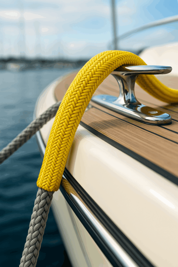 Yellow braided polyester rope cover placed over a grey mooring line on a boat cleat during docking.