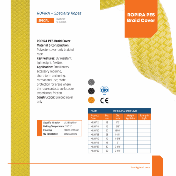 “ROPIRA PES Braid Cover specification sheet displaying material details, applications, technical properties, and diameter-strength chart.”