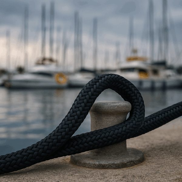 “Black double-braid polyester mooring rope tied around a concrete dock cleat at a marina.”