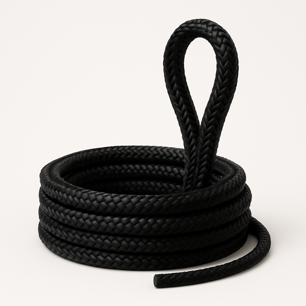 “Coiled black double-braid polyester mooring rope with an eye splice on a clean light background.”