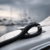 Black double-braid mooring rope secured around a polished stainless-steel yacht cleat at a marina.