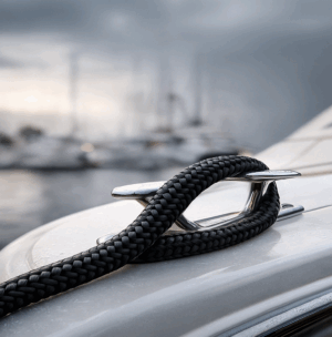 Black double-braid mooring rope secured around a polished stainless-steel yacht cleat at a marina.