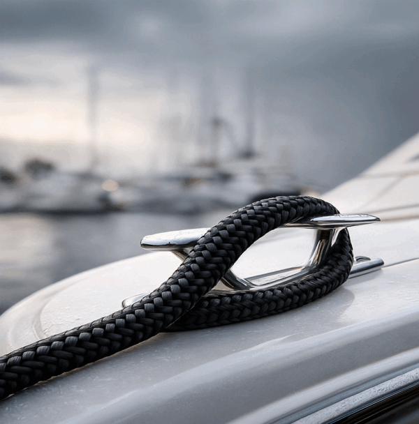 Black double-braid mooring rope secured around a polished stainless-steel yacht cleat at a marina.