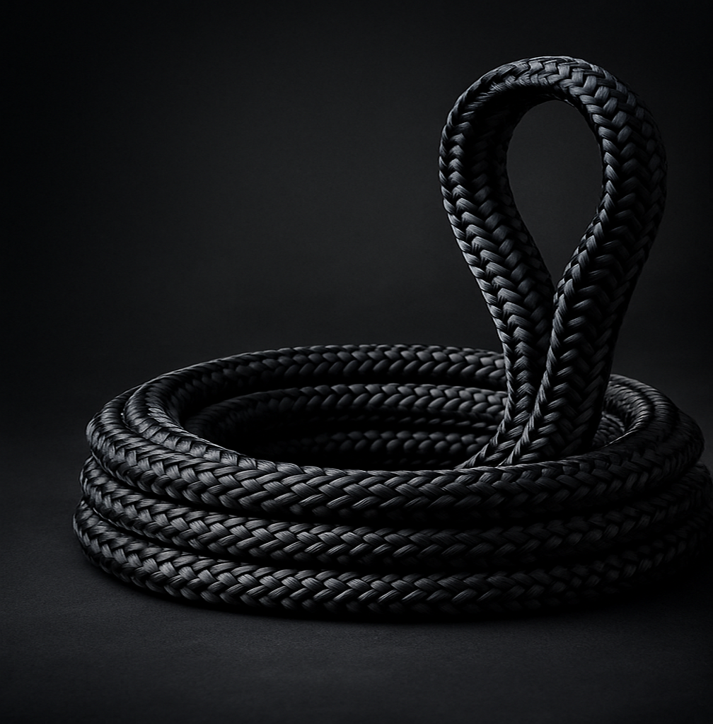 Close-up of a black sinking polyester mooring rope looped around a stainless-steel cleat on a boat.