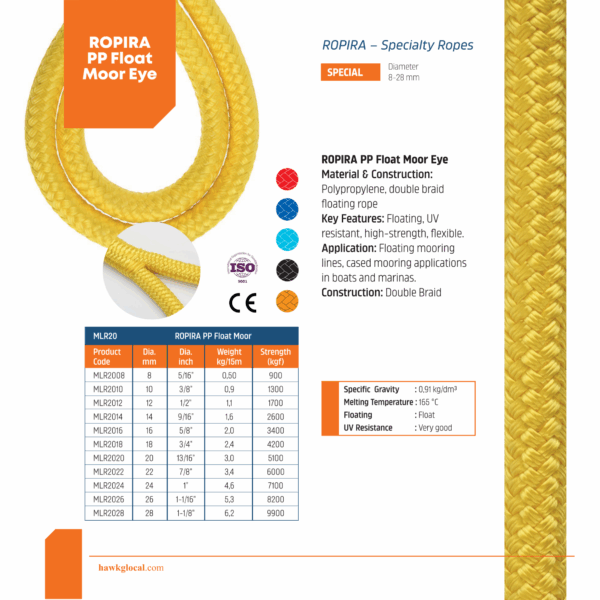 Technical sheet of the ROPIRA PP Float Moor Eye floating polypropylene mooring rope with double braid construction.