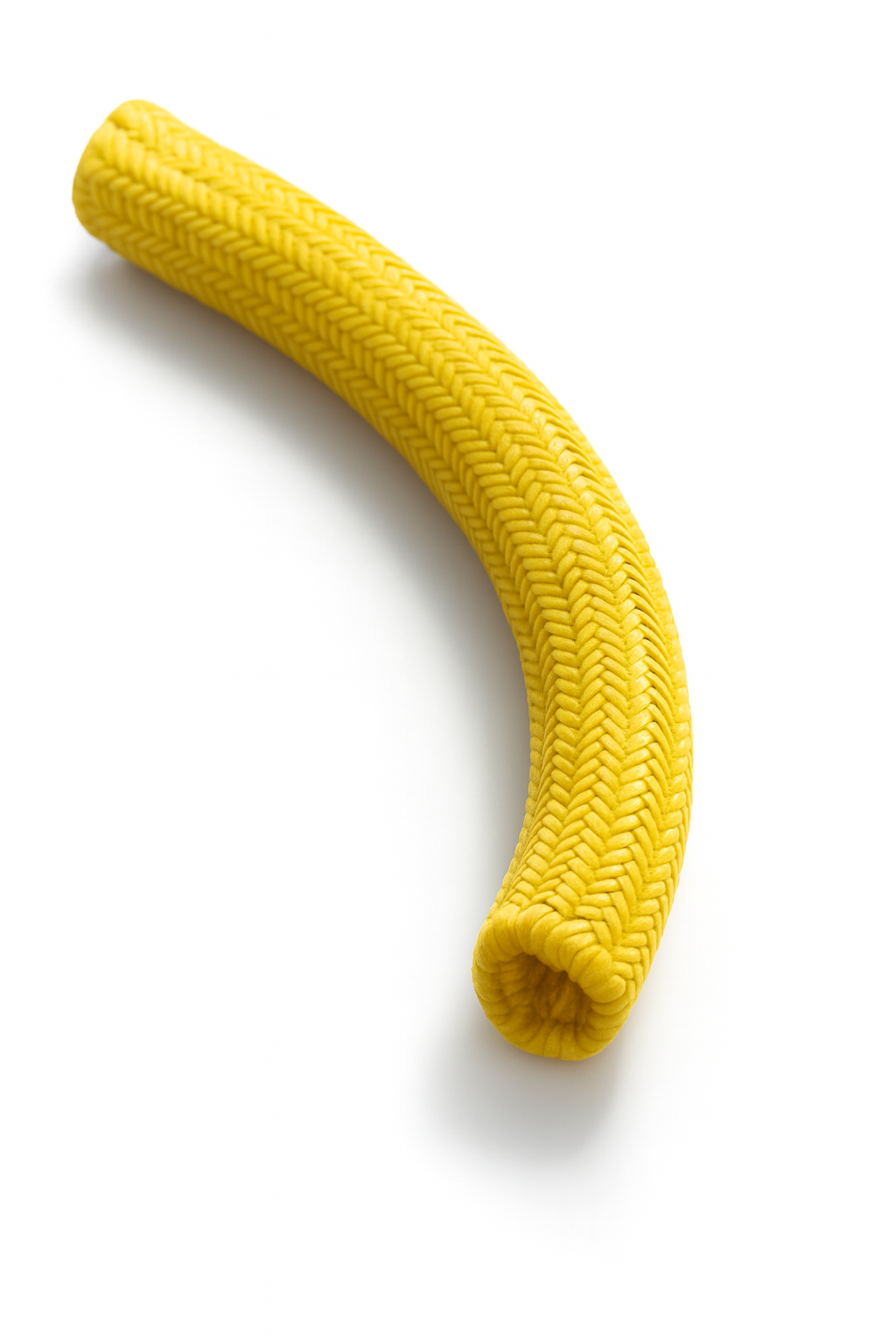 Yellow polyester braided rope cover sleeve on a white background, showing flexible protective construction.